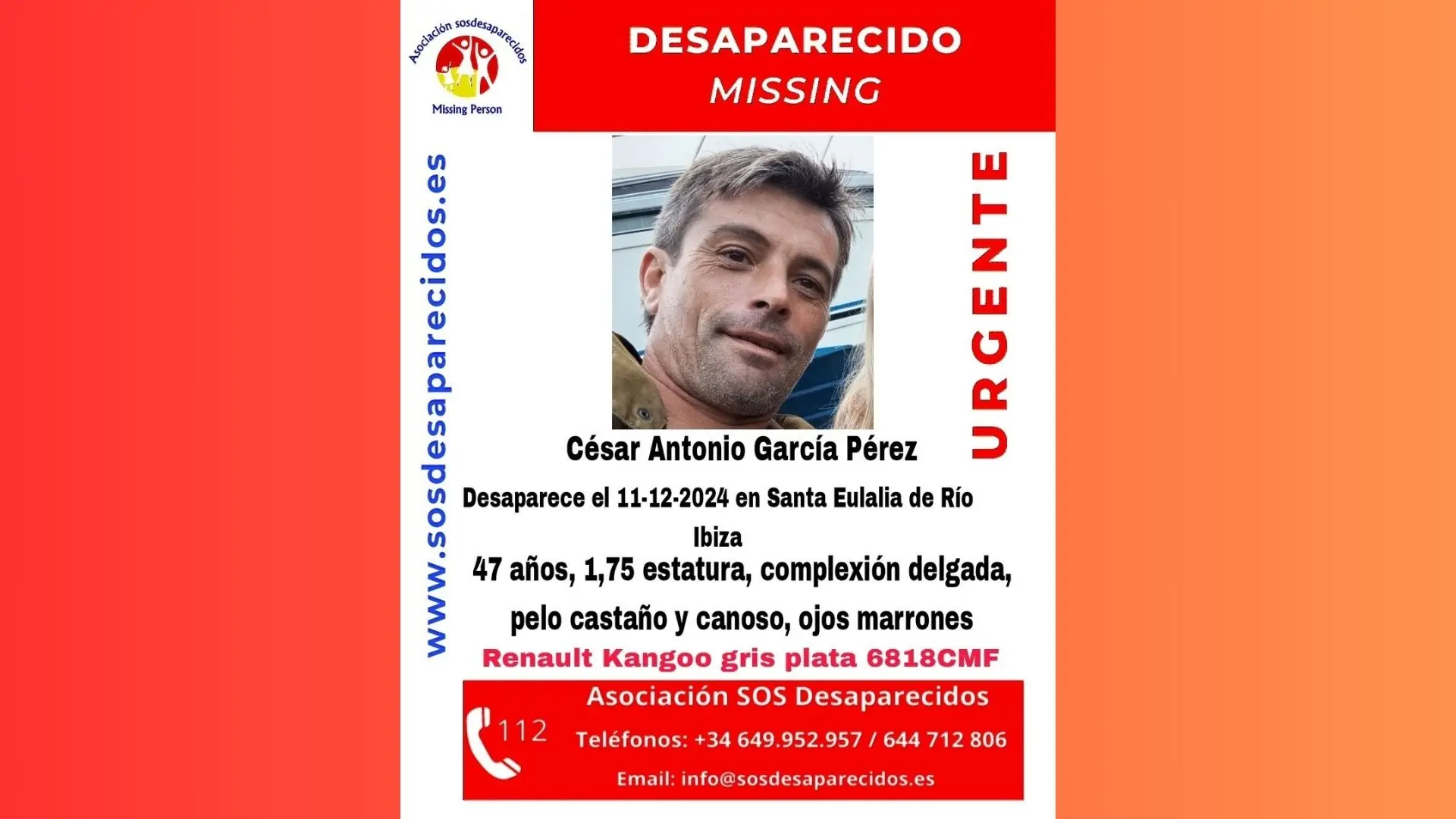 Buscan en Ibiza a César Antonio García, un hombre de 47 años «de alta vulnerabilidad» Buscan en Ibiza a César Antonio García, un hombre de 47 años «de alta vulnerabilidad»