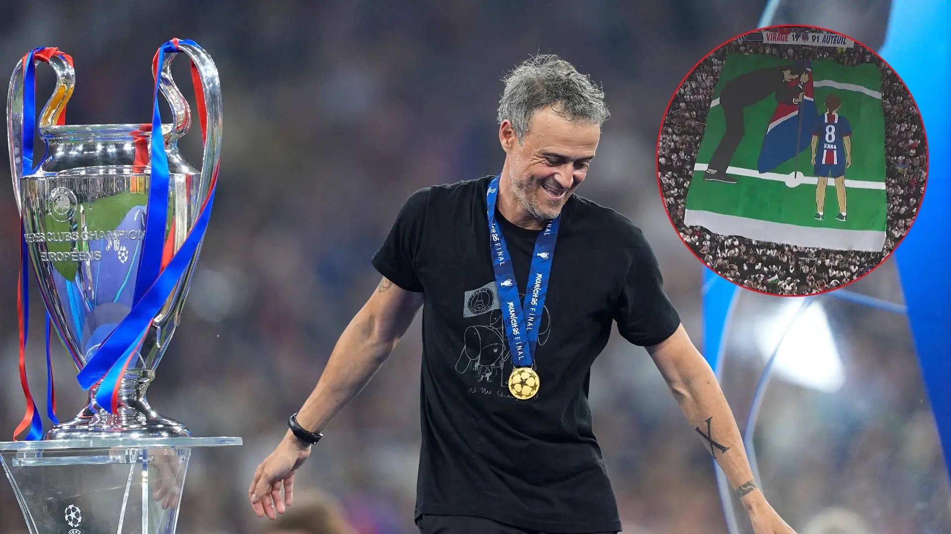 una camiseta con su imagen y el emotivo tifo de la afición del PSG una camiseta con su imagen y el emotivo tifo de la afición del PSG