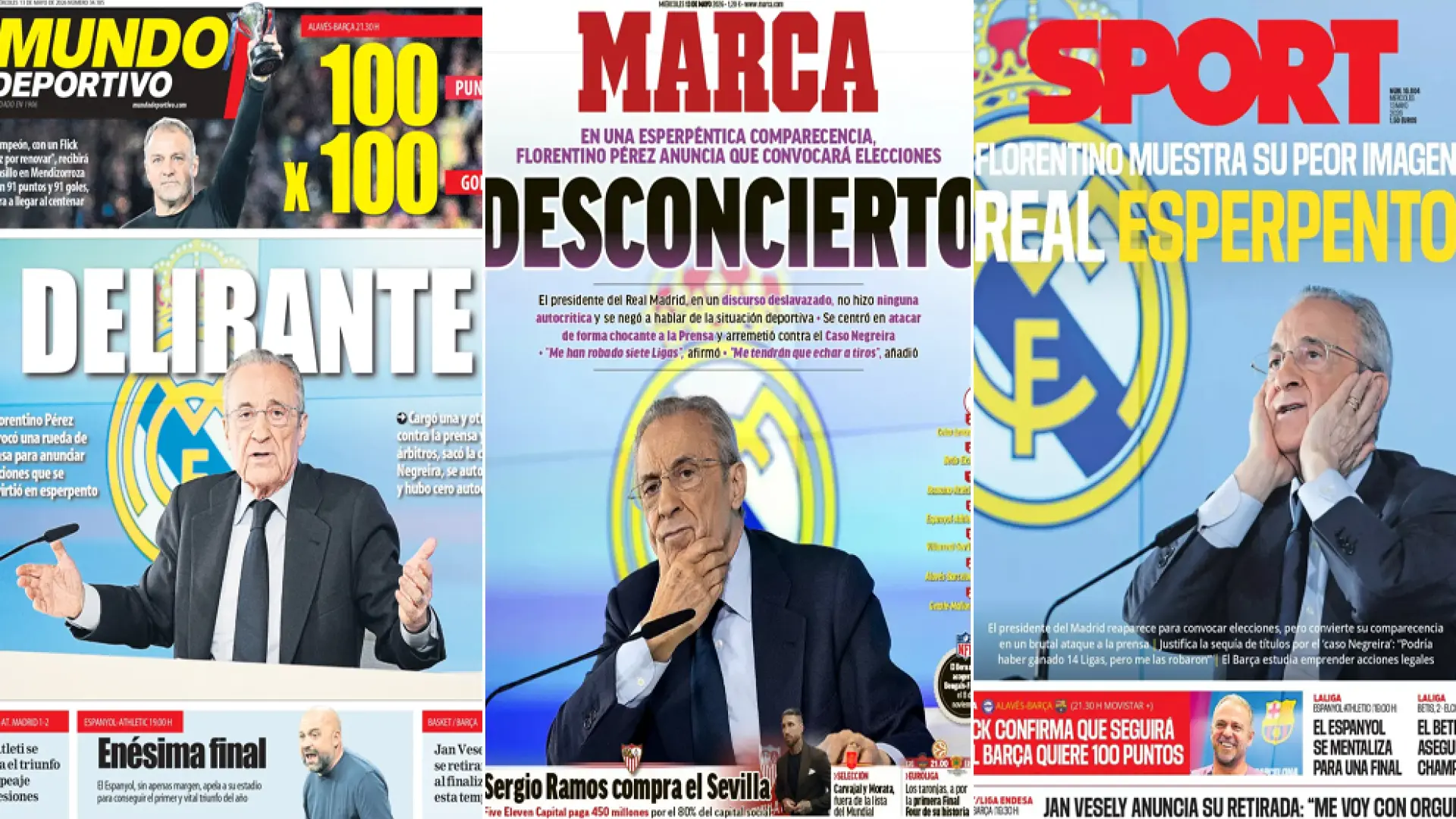 "Delirante", "Esperpento"… Las portadas de Florentino Pérez y su anuncio electoral "Delirante", "Esperpento"… Las portadas de Florentino Pérez y su anuncio electoral