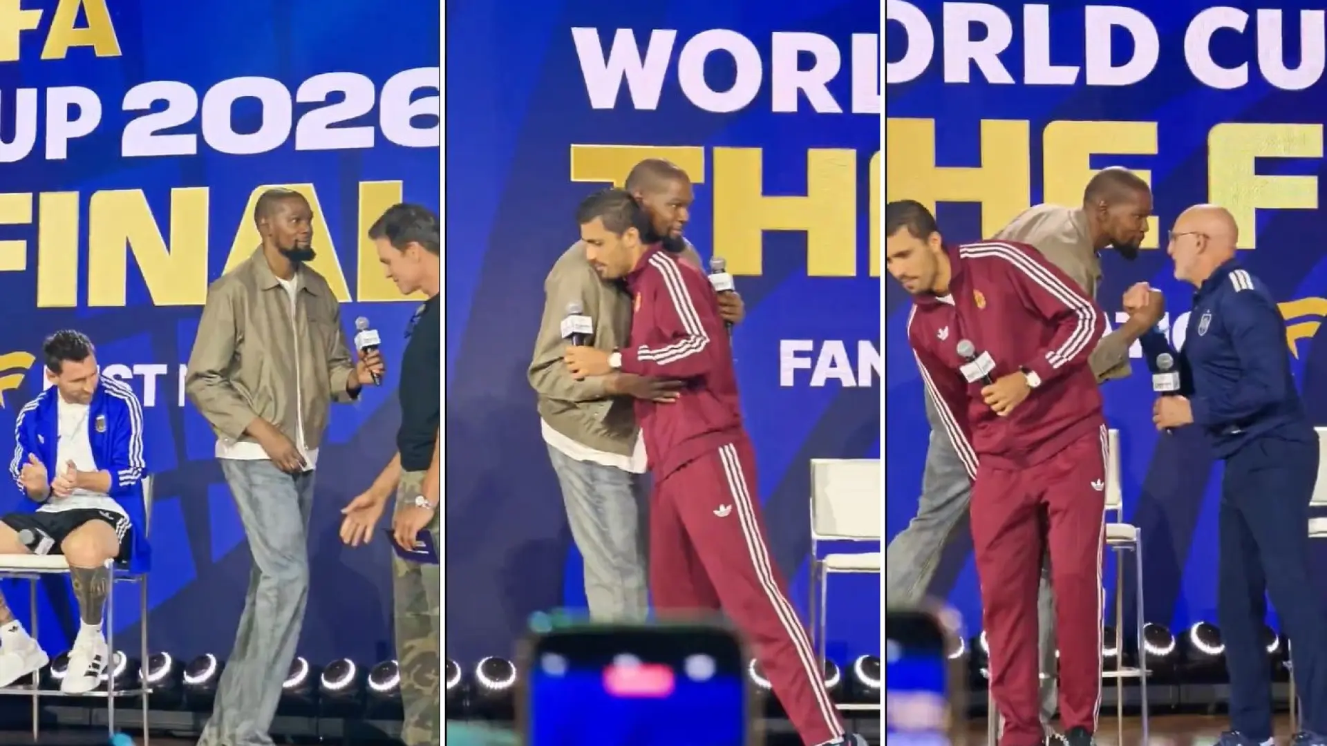 Kevin Durant ‘pasa’ de saludar a Messi y va directo a dar la mano a Rodri y a De La Fuente